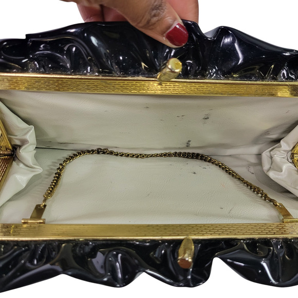 Vintage Vinyl Clutch Bag Black Patent Leather Gathered Shiny Evening Frame Small - Picture 7 of 15